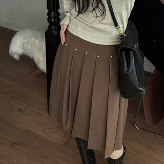 Film Stud Banding Pleated Midi Skirt