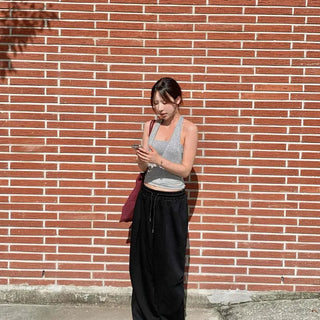 Cotton Blend Double Pintuck Shirred Elastic String Loose Fit Wide Long Pants