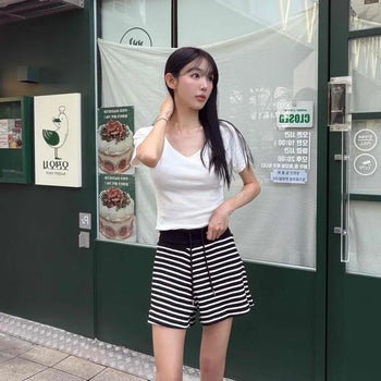 Striped Folding Elastic High-Waisted A-Line Knit Shorts