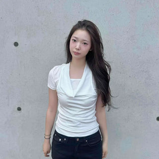 Halter Neck Draped Twist Double Layered Cinched Waist Slim Fit Short Sleeve T-shirt