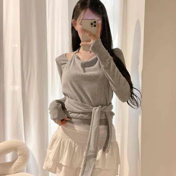 Halter Neck Ribbed Wrap Waist Strap Ribbon Tie Slim Fit Semi-Crop Sleeveless