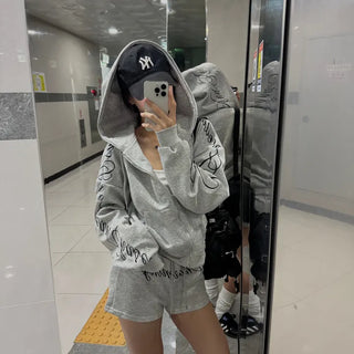 [SET] Pretty Lettering Zip-up Hoodie Shorts Tracksuit