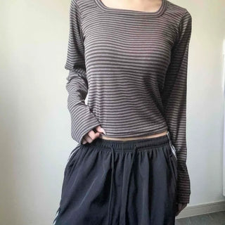 Ribbed Stripe Square Neck Slim Fit Long Sleeve T-shirt