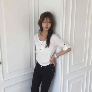 Autumn Trend ⊹ . Cotton Roll-up Button 3/4 Henley Neck T-shirt