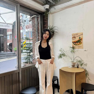 Cotton Low-Rise Elastic Waist Flap Hip Pocket String Bootcut Long Pants