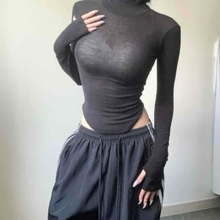 Turtleneck See-through Crop Slim Fit Long Sleeve T-shirt