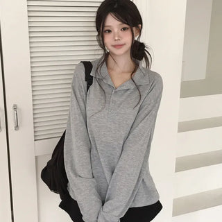 Slub Collar Button Boxy Oversized Long Sleeve T-shirt for Transitional Season