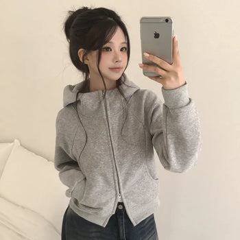 Effortlessly chic, High Neck Two-way Cut Ribbed Raglan Semi-Crop Plain Zip-up Hoodie for Transitional Season