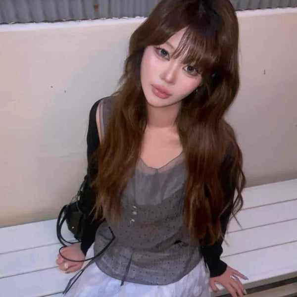 Polka Dot See-through Strap Round Neck Sleeveless Blouse