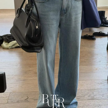 Autumn Light Wash Denim Pants, Wide Fit Straight Wide Denim Pants