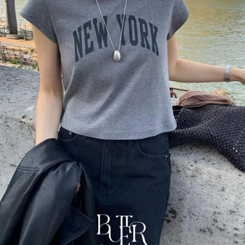 New York T-shirt, English lettering print cap-sleeve short-sleeve crop T-shirt