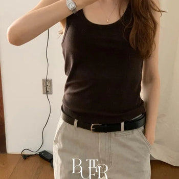 Pointed sleeveless T-shirt, Wool Tencel ribbed U-neck sleeveless layered sleeveless