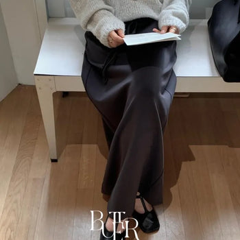 Lay string skirt, elasticated long skirt, straight H-line flowy long skirt