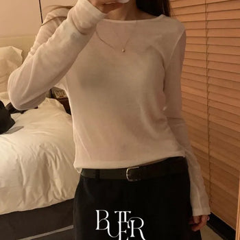 Scoop Layered T-shirt, Wool Tencel See-through Deep U-Neck Long Sleeve Tee
