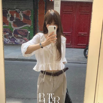Amelie Frill Blouse, Punched Neck Shirred Cropped String Tiered Feminine Lovely Top