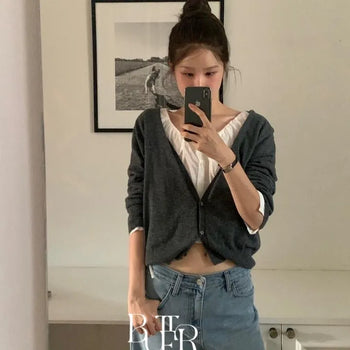 Mia Deep V Holgarment Cardigan, V-neck Knit Holgarment Wool Cardigan