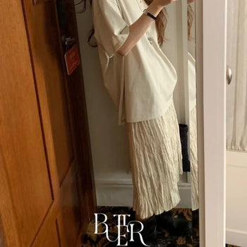 Sepia skirt, wrinkled three-dimensional pleated long skirt, linen long skirt