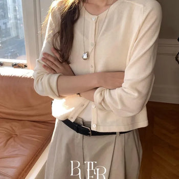 Wool silk cardigan, round-neck long-sleeve basic knit cardigan, semi-cropped delicate fit, transitional layering top