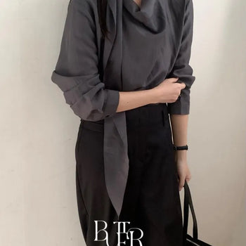 Barrel Tie Blouse, Tie Neck Drape Silky Women's Long Sleeve Shirt