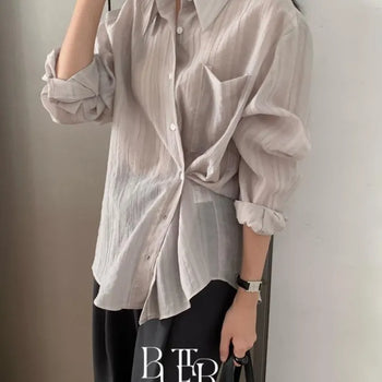 Monel Button Shirt, Striped See-through Shirt Side Drape Loose Fit Women's Long Sleeve