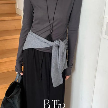 Tencel T-shirt, Slim-fit Round Neck Long Sleeve See-through Layered Basic Tee