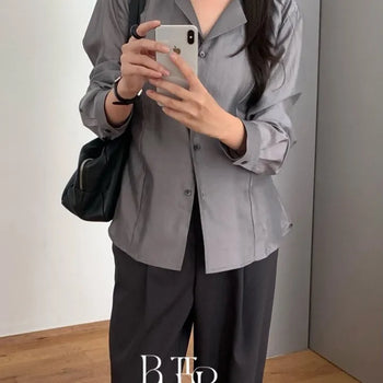 Dear collar blouse, open collar back strap long sleeve shirt see-through