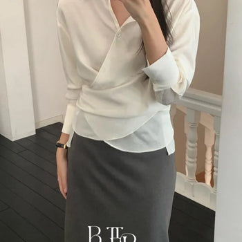 Meli Wrap Blouse, Strap Waist Tie Drape Shirt Women's Long Sleeve