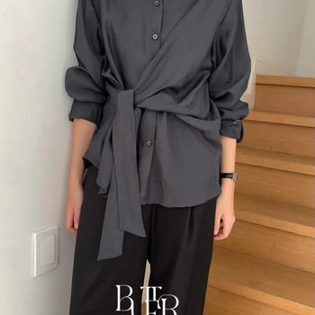 Veil Wrap Blouse, Waist Tie Draped See-through Shirt Women's Long Sleeve