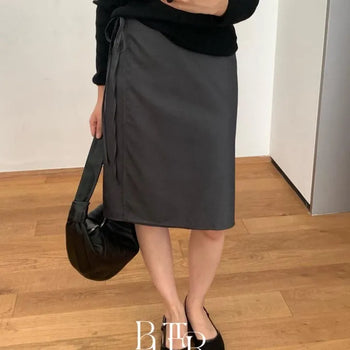 Sandy Midi Wrap Skirt, H-line Asymmetrical Ribbon Strap Skirt
