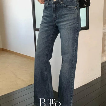 First Denim Pants, Low-rise Semi-bootcut Washed Dark Blue Jeans