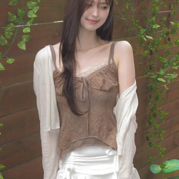 Lace Shirred Camisole Layered Square Neck Slim Fit Semi-Crop Sleeveless