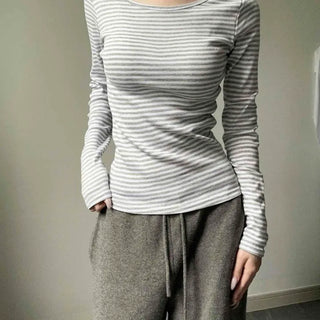 Stretchy Cotton Striped Round Neck Slim Fit Inner Long Sleeve T-shirt