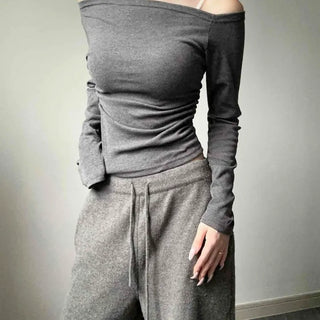 One-Off Shoulder Waist Shirring Asymmetrical Slim Fit Knit Long Sleeve T-shirt