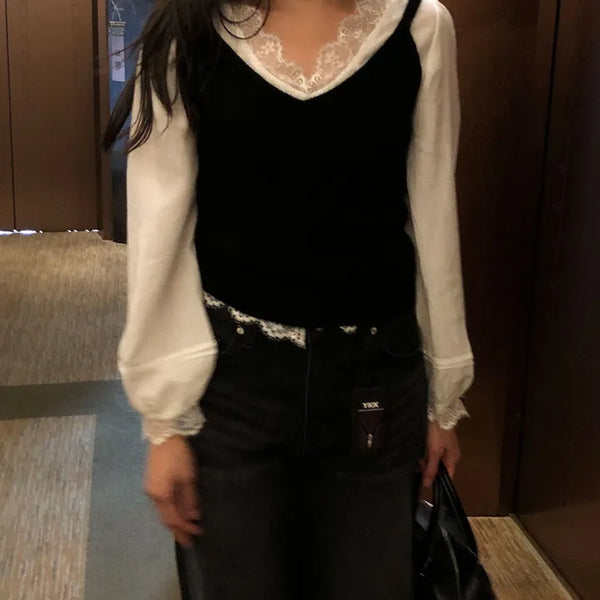 Hazel Lace Shirred Puff Layered Long Sleeve Blouse
