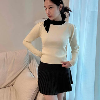 Daisy Color Block Ribbon Tie Round Neck Slim Fit Knit