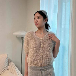 Fluffy Fur Short Sleeve Knit Cardigan