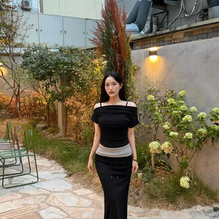 Custom Color Block Folding Elastic Waist Maxi Long Skirt