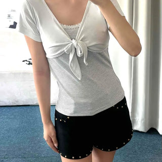 Bolero Layered Integrated Ribbon Lace Shirred Striped Crop Short Sleeve Tee