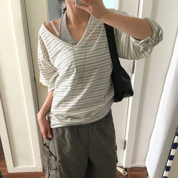 Cozy Striped V-Neck T-Shirt 2 colors