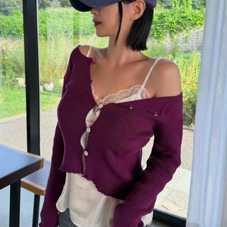 Hole Button Mini Frill Short Ribbed Cardigan