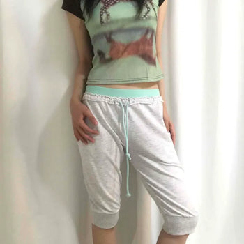 Color-block Waistband Raw Layered Wide Cotton Shorts