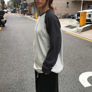 Raglan Contrast Round Neck Cotton Oversized Long Sleeve T-shirt