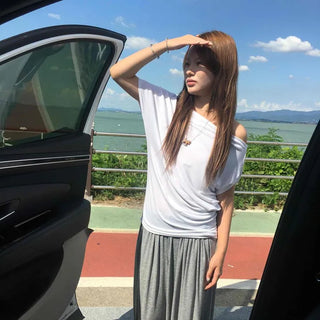 Drape Off-Shoulder Boat Neck Oversized Short Sleeve T-shirt