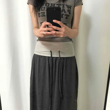 High-Waisted Ribbon Cotton H-Line Set-up Long Midi Skirt