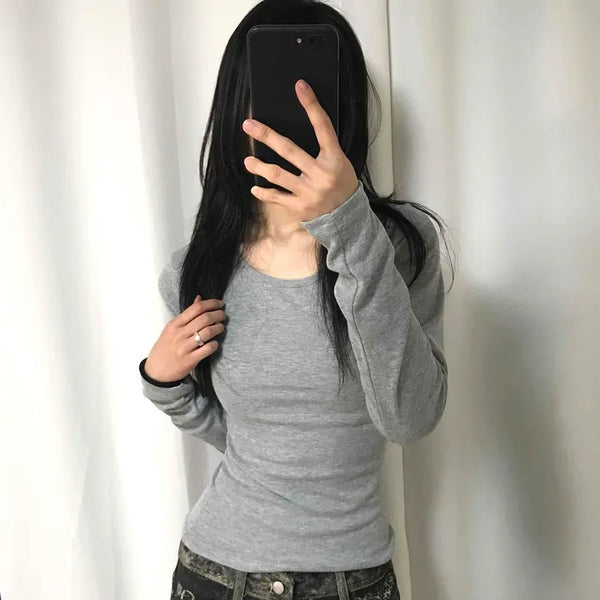 Round Neck Slit Slim Fit Knit Long Sleeve T-shirt