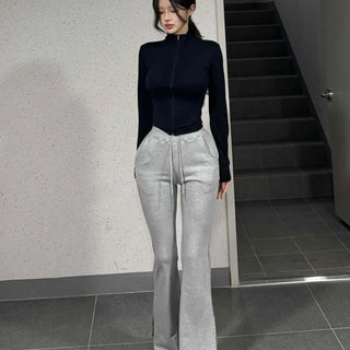 Training Elastic Drawstring Slit Bootcut Long Pants