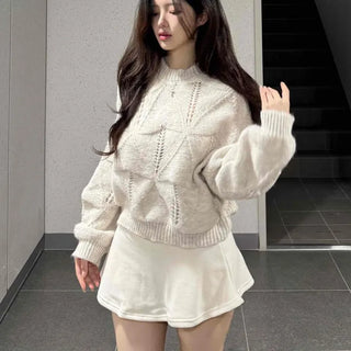 Knit Fleece-Lined High-Waisted Flare Mini Skirt with Back Elastic Waist and Built-in Inner Pants
