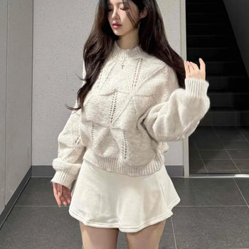 Knit Fleece-Lined High-Waisted Flare Mini Skirt with Back Elastic Waist and Built-in Inner Pants