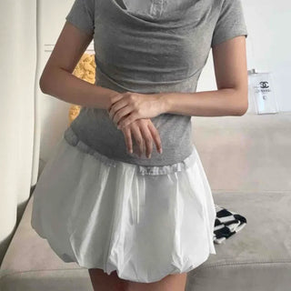 Polo Collar Layered Integrated Shirred Drape Slim Fit Crop Short Sleeve T-shirt
