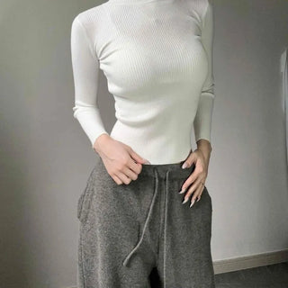 Ribbed Mock Neck Slit Stretchy Slim Fit Knit